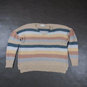 Knox Rose XXL Loose Knit Striped V-Neck Pullover Sweater Beige Blue Brown